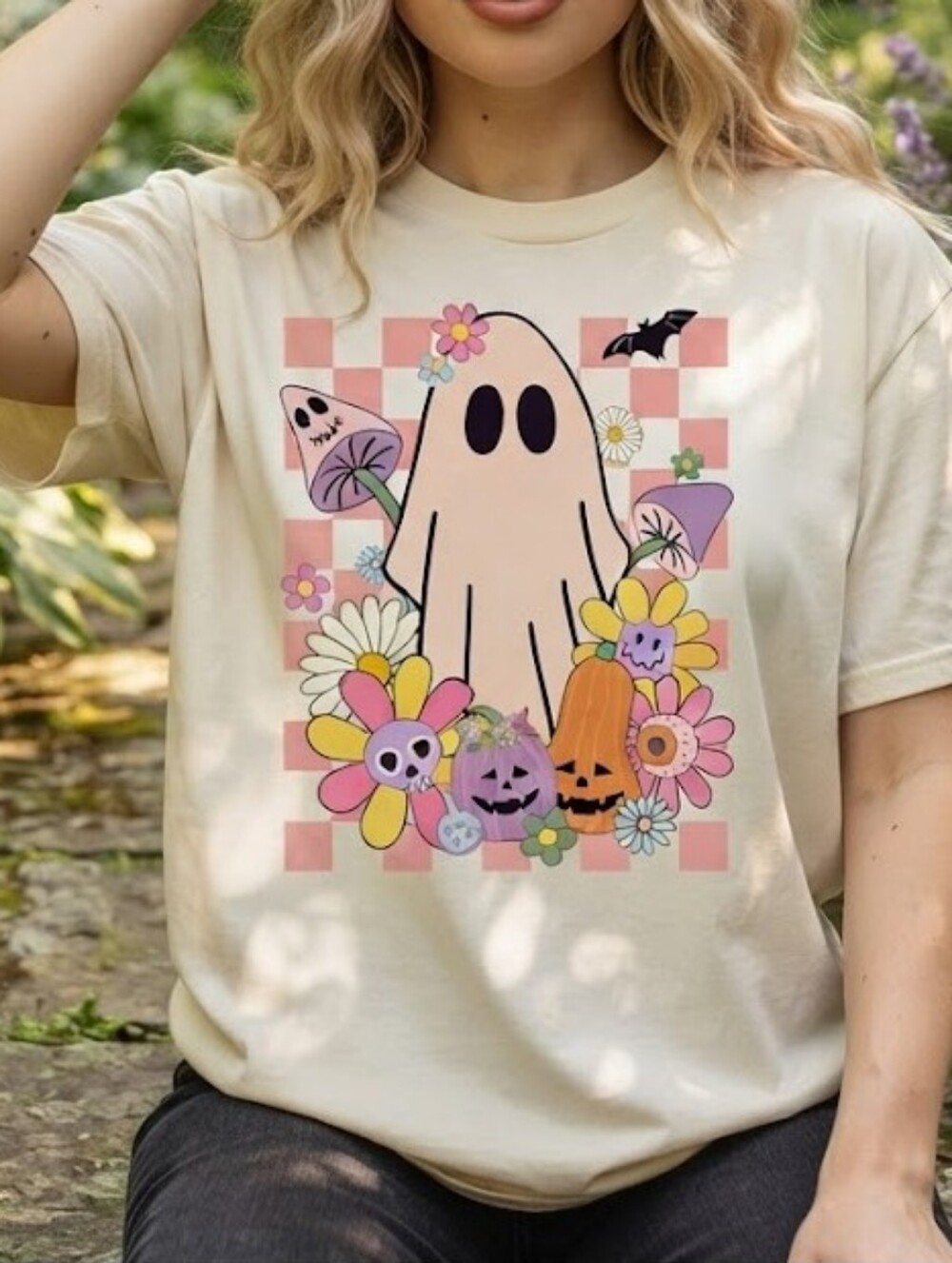 Ghost Cat in Checkered Halloween T-Shirt